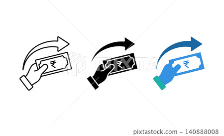 Money transfer hand holding rupee banknote icon set outline silhouette and color vector isolated on white background Money transfer hand holding rupee banknote icon set outline silhouette and color vector isolated on white background 140888008