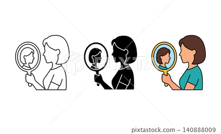 Woman looking in mirror self reflection icon set outline silhouette and color vector isolated on white background Woman looking in mirror self reflection icon set outline silhouette and color vector isolated on white background 140888009