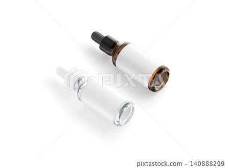 Blank transparent and amber glass dropper bottle white label mockup png, transparent background, 3d rendering. Empty pipette beauty ampule with care pharmacy mock up cut out. Clear essential package. Blank transparent and amber glass dropper bottle white label mockup png, transparent background, 3d rendering. Empty pipette beauty ampule with care pharmacy mock up cut out. Clear essential package. 140888299