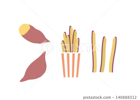 Illustration set of sweet potatoes and sweet potato sticks Illustration set of sweet potatoes and sweet potato sticks 140888312