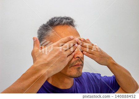 Mature Hispanic man covering his eyes with his hands. Concept of ignoring reality, denial and visual stress. Exhausted individual experiencing fatigue, headache or need for mental rest. Mature Hispanic man covering his eyes with his hands. Concept of ignoring reality, denial and visual stress. Exhausted individual experiencing fatigue, headache or need for mental rest. 140888452