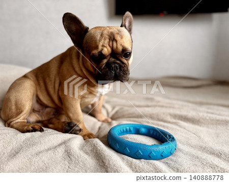 A cute, contented French bulldog of fawn color lies on a bed with a beige bedspread in a close-up home environment A cute, contented French bulldog of fawn color lies on a bed with a beige bedspread in a close-up home environment 140888778
