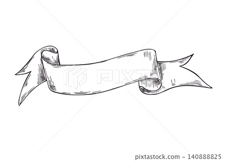 Hand drawn scroll ribbon banner for text message line art black ink sketch. Linear drawing of vintage parchment element for invitation card, label, wedding stationary or greeting banner design. 140888825