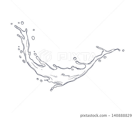 Water splash outline drawing painted by black inks. Hand drawn liquid wave with droplets vector isolated illustration. Monochrome splashing fluid sketch for beverage, nature, health or ecology project Water splash outline drawing painted by black inks. Hand drawn liquid wave with droplets vector isolated illustration. Monochrome splashing fluid sketch for beverage, nature, health or ecology project 140888829