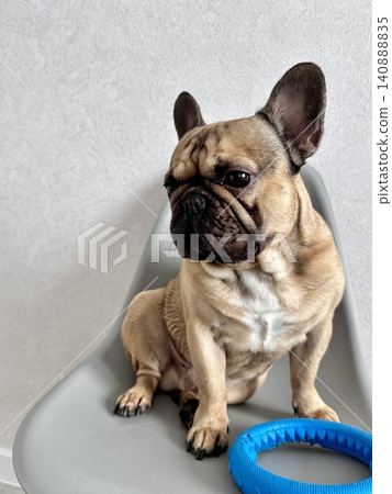 A fawn-colored French bulldog dog in a close-up home environment 140888835