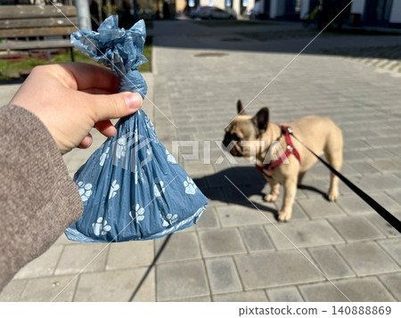 Bags for pet excrement on the background of a French bulldog dog. High quality photos Bags for pet excrement on the background of a French bulldog dog. High quality photos 140888869