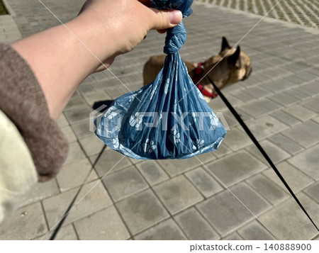 Bags for pet excrement on the background of a French bulldog dog. High quality photos Bags for pet excrement on the background of a French bulldog dog. High quality photos 140888900