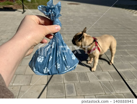 Bags for pet excrement on the background of a French bulldog dog. High quality photos Bags for pet excrement on the background of a French bulldog dog. High quality photos 140888941