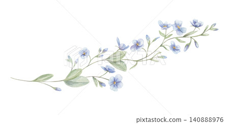 Watercolor Veronica or forget me not flower branch on isolated background. Meadow blue floral element for spring and summer greeting card, wedding invitation, garden party deco or pattern design. Watercolor Veronica or forget me not flower branch on isolated background. Meadow blue floral element for spring and summer greeting card, wedding invitation, garden party deco or pattern design. 140888976