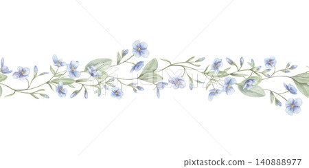 Watercolor meadow blue flower seamless border on isolated background. Small blossoms, buds, and slender green leaves floral horizontal pattern garland. Botanical hand drawn illustration Watercolor meadow blue flower seamless border on isolated background. Small blossoms, buds, and slender green leaves floral horizontal pattern garland. Botanical hand drawn illustration 140888977