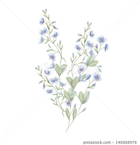 Blue flower bouquet watercolor illustration on isolated background. Small spring blossom with green leaves composition. Floral design element for wedding invitation, natural cosmetics card. Blue flower bouquet watercolor illustration on isolated background. Small spring blossom with green leaves composition. Floral design element for wedding invitation, natural cosmetics card. 140888978