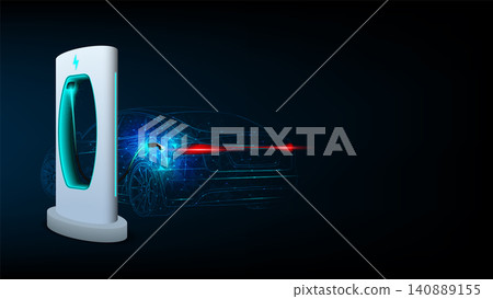 Electric car at charging station. Abstract Electric Power Charger EV Clean Energy Alternative Energy electric charger concept. Electronic vehicle power dock. Vector illustration. Electric car at charging station. Abstract Electric Power Charger EV Clean Energy Alternative Energy electric charger concept. Electronic vehicle power dock. Vector illustration. 140889155