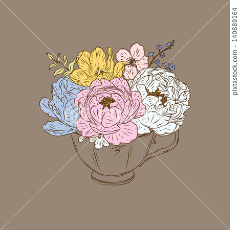 Cup tea or coffee made with different flowers drawing in floral style on brown background Cup tea or coffee made with different flowers drawing in floral style on brown background 140889164
