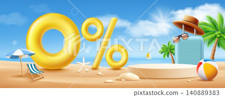 Summer sale holiday podium display, Zero percent number and 0% special offer, luggage and coconut trees Summer sale holiday podium display, Zero percent number and 0% special offer, luggage and coconut trees 140889383