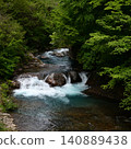 A clear stream flows into 40,000 potholes, and the valley is surrounded by lush greenery (Gunma Prefecture) 140889438