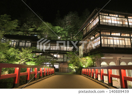 The Sekizenkan Main Building (Shima Onsen, Gunma Prefecture) illuminated at night. The Sekizenkan Main Building (Shima Onsen, Gunma Prefecture) illuminated at night. 140889439