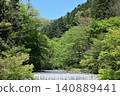 The clear stream and mountain range of Shima Onsen, surrounded by fresh greenery (Nakanojo Town, Gunma Prefecture) 140889441