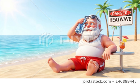 Cartoon santa claus sweating under a hot summer sun on a tropical beach with a danger heatwave sign and a refreshing cocktail drink in a humorous vacation scene Cartoon santa claus sweating under a hot summer sun on a tropical beach with a danger heatwave sign and a refreshing cocktail drink in a humorous vacation scene 140889443