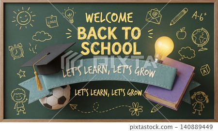 Welcome back to school chalkboard design with graduation cap and educational icons for academic season promotional material Welcome back to school chalkboard design with graduation cap and educational icons for academic season promotional material 140889449