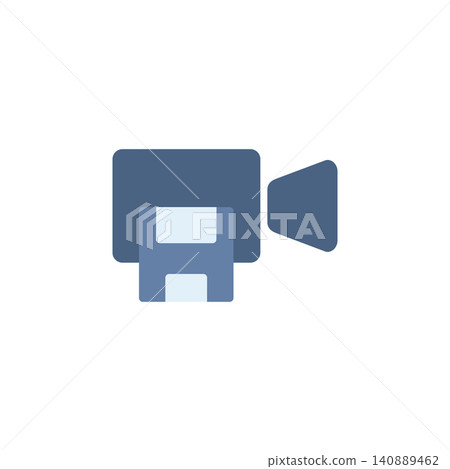 Save as video icon for storing project as movie file. Film reel with save symbol for video editor application. Icon design flat style Save as video icon for storing project as movie file. Film reel with save symbol for video editor application. Icon design flat style 140889462