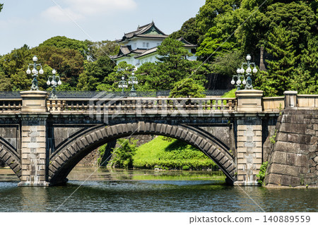 Building view of the Seimon Ishibashi Bridge at Kokyo Gaien in Chiyoda, Tokyo, Japan, which leads to the main gate of the Imperial Palace (Kokyo). Building view of the Seimon Ishibashi Bridge at Kokyo Gaien in Chiyoda, Tokyo, Japan, which leads to the main gate of the Imperial Palace (Kokyo). 140889559