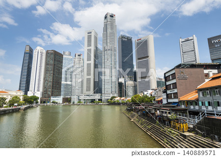 Panoramic view of the skyscrapers in the Financial District of Boat Quay along the Singapore River. Panoramic view of the skyscrapers in the Financial District of Boat Quay along the Singapore River. 140889571