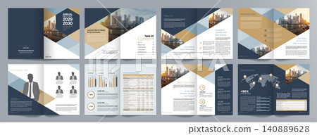Corporate business presentation guide brochure template, Annual report, 16 page minimalist flat geometric business brochure design template, A4 size. Corporate business presentation guide brochure template, Annual report, 16 page minimalist flat geometric business brochure design template, A4 size. 140889628