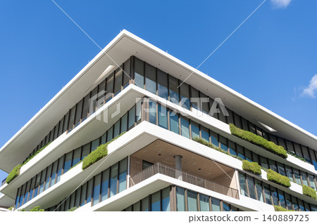View of building. Residential building architecture. Architectural exterior detail. Residential house exterior fragment. Modern apartment building. Apartment building with detail. Detailed design View of building. Residential building architecture. Architectural exterior detail. Residential house exterior fragment. Modern apartment building. Apartment building with detail. Detailed design 140889725