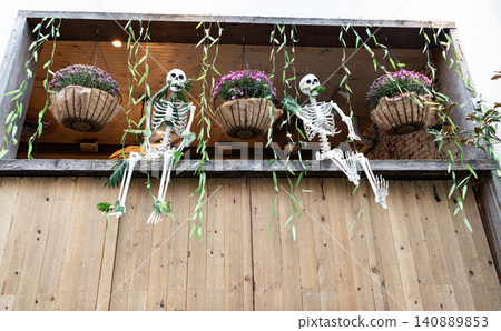 Dead Halloween skeleton decoration. Trick or treat. Celebrate All Hallows party holiday. All Hallows. October 31. Halloween skeleton outdoor. Happy Halloween. Spooky skull of skeleton. Day of dead Dead Halloween skeleton decoration. Trick or treat. Celebrate All Hallows party holiday. All Hallows. October 31. Halloween skeleton outdoor. Happy Halloween. Spooky skull of skeleton. Day of dead 140889853