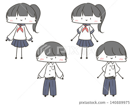 一對身穿水手服和襯衫的男孩和女孩。 140889975