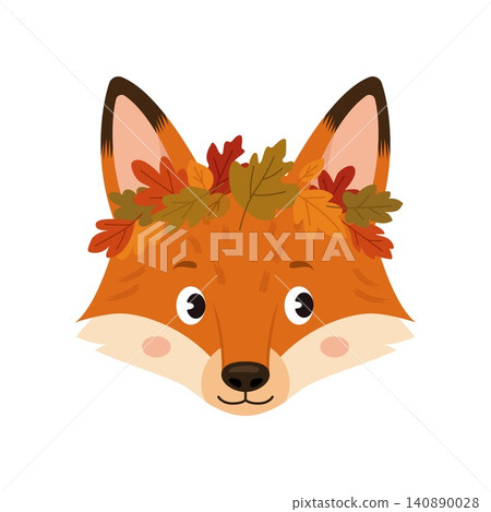 Cute cartoon fox face with autumn leaf wreath isolated on white Cute cartoon fox face with autumn leaf wreath isolated on white 140890028