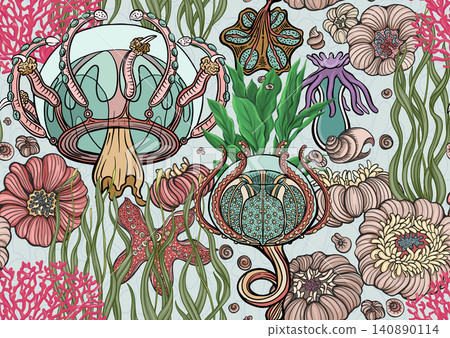 Colorful seamless marine pattern with corals Colorful seamless marine pattern with corals 140890114