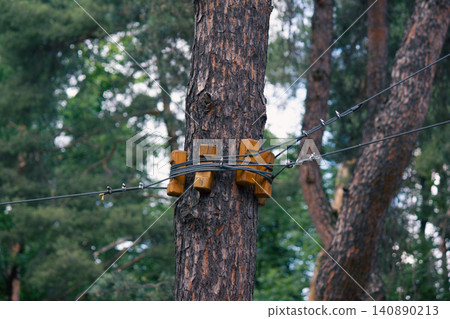 Steel cables secured with wooden blocks on pine trunk in adventure park 140890213