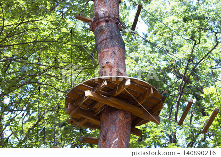 Wooden circular platform installed on a pine tree trunk in rope park Wooden circular platform installed on a pine tree trunk in rope park 140890216