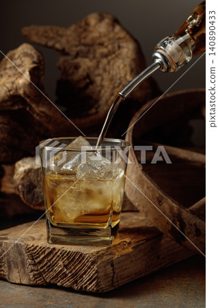 Glass of whiskey on a old wooden board. Glass of whiskey on a old wooden board. 140890433