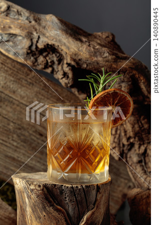 Old-fashioned cocktail with ice on an old wooden stump. Old-fashioned cocktail with ice on an old wooden stump. 140890445