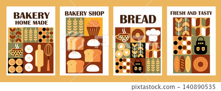 Bread and Pastries Geometric Banners Collection. Hand drawn illustration of bakery. Abstract geometric line background. Bread icons with simple shapes for Label, cover, price tag, background. 140890535