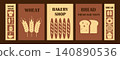 Bread and Pastries Geometric Banners Collection. Hand drawn illustration of bakery. Abstract geometric line background. Bread icons with simple shapes for Label, cover, price tag, background. 140890536