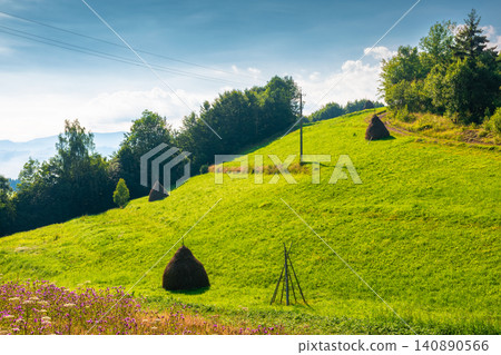 rural scene in carpathian mountain landscape. summer countryside view with rolling hills in lush green grass. forested slopes in the distance rural scene in carpathian mountain landscape. summer countryside view with rolling hills in lush green grass. forested slopes in the distance 140890566