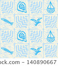 Amalfi style tile seamless pattern with nautical elements - fish, boat, oyster and seagull. Retro square background. Coastal stylized Italian majolica. Mediterranean aesthetic amalficore cover 140890667