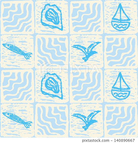 Amalfi style tile seamless pattern with nautical elements - fish, boat, oyster and seagull. Retro square background. Coastal stylized Italian majolica. Mediterranean aesthetic amalficore cover 140890667