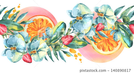 Watercolor border of tropical flowers, orange slice and strawberry. Hand drawn summer botanical illustration with exotic plant and fruit. Decorative seamless pattern for festive design. Watercolor border of tropical flowers, orange slice and strawberry. Hand drawn summer botanical illustration with exotic plant and fruit. Decorative seamless pattern for festive design. 140890817