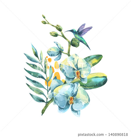Watercolor illustration of blue orchid and hummingbird. Tropical floral botanical painting for summer design. Exotic jungle flower with bird for print and invitation card decoration. Watercolor illustration of blue orchid and hummingbird. Tropical floral botanical painting for summer design. Exotic jungle flower with bird for print and invitation card decoration. 140890818