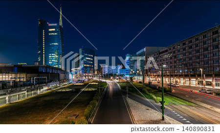 Milan skyline with modern skyscrapers in Porta Nuova business district day to night timelapse in Milan, Italy, after sunset. Milan skyline with modern skyscrapers in Porta Nuova business district day to night timelapse in Milan, Italy, after sunset. 140890831