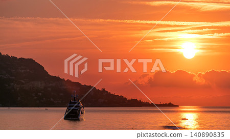 Sunrise view of sea and landscape timelapse from Beaulieu sur mer, France. 140890835