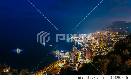 Aerial top view of Monaco from the grand corniche road day to night timelapse, Monaco France Aerial top view of Monaco from the grand corniche road day to night timelapse, Monaco France 140890836