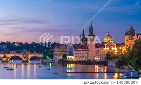 View of the city Prague in Czech Republic day to night timelapse on the Vltava river with beautiful sky View of the city Prague in Czech Republic day to night timelapse on the Vltava river with beautiful sky 140890897