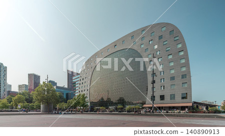 Hyperlapse of the Rotterdamse Markthal's exterior with shops and restaurants. Netherlands Hyperlapse of the Rotterdamse Markthal's exterior with shops and restaurants. Netherlands 140890913