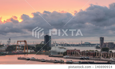 Aerial timelapse of Maashaven harbour during sunset in Rotterdam, The Netherlands Aerial timelapse of Maashaven harbour during sunset in Rotterdam, The Netherlands 140890914