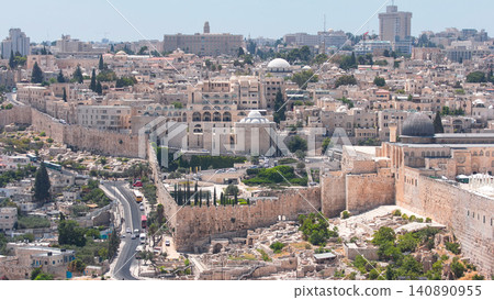 Panoramic view on Jerusalem timelapse with traffic on the road from the Mount of Olives. Panoramic view on Jerusalem timelapse with traffic on the road from the Mount of Olives. 140890955